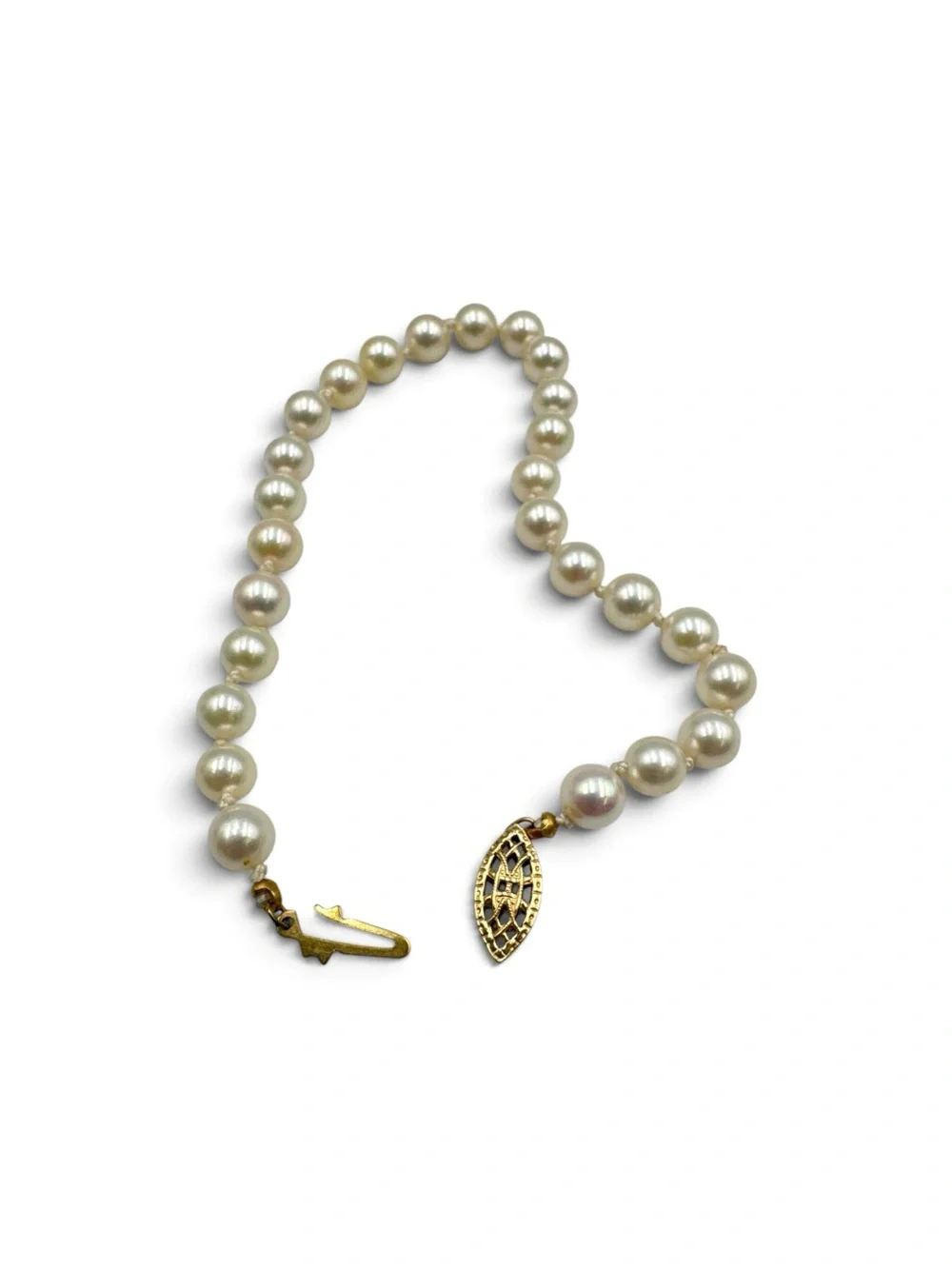 Vintage 1960s Cultured Akoya Pearl Bracelet 14K 1/20 Gold Filled Clasp 8” Knotte